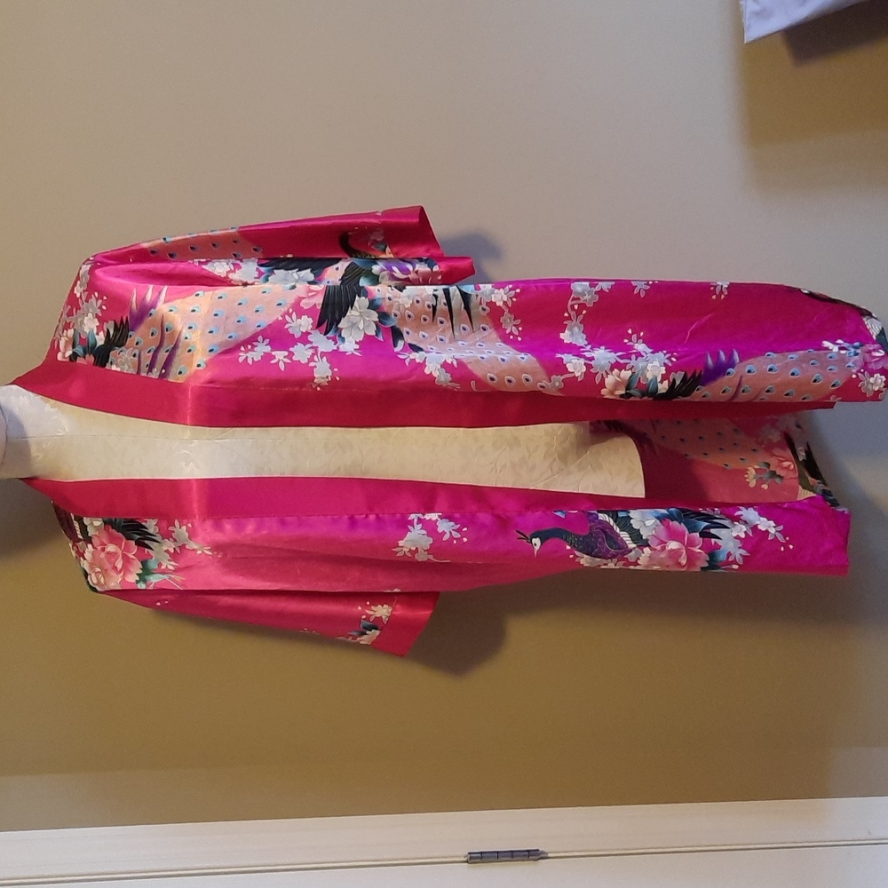 Kimono style silk short robe, Pink, Sz S